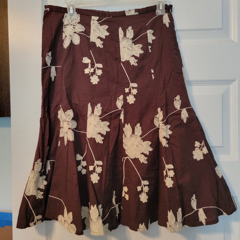 EUC Chocolate brown embroidered godet skirt